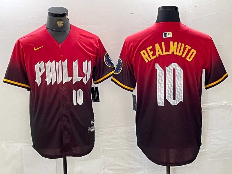 Men%27s Philadelphia Phillies #10 JT Realmuto Red 2024 City Player Number Cool Base Jersey